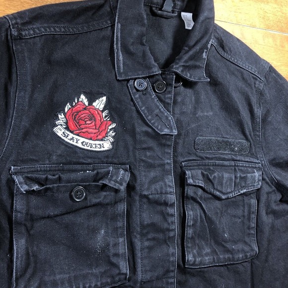 Divided by H&M Black Patch Jean Jacket Sexy Queen Womens Size 14 (22pit2pit,22L) - Picture 5 of 11